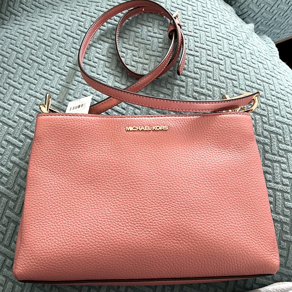 Michael Kors Trisha Medium Triple Compartment Crossbody Leather Rose